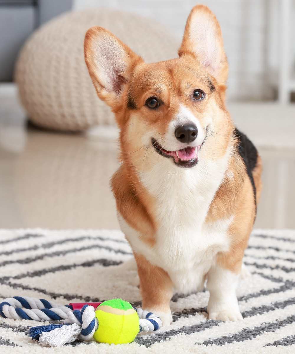 happy dog with toys